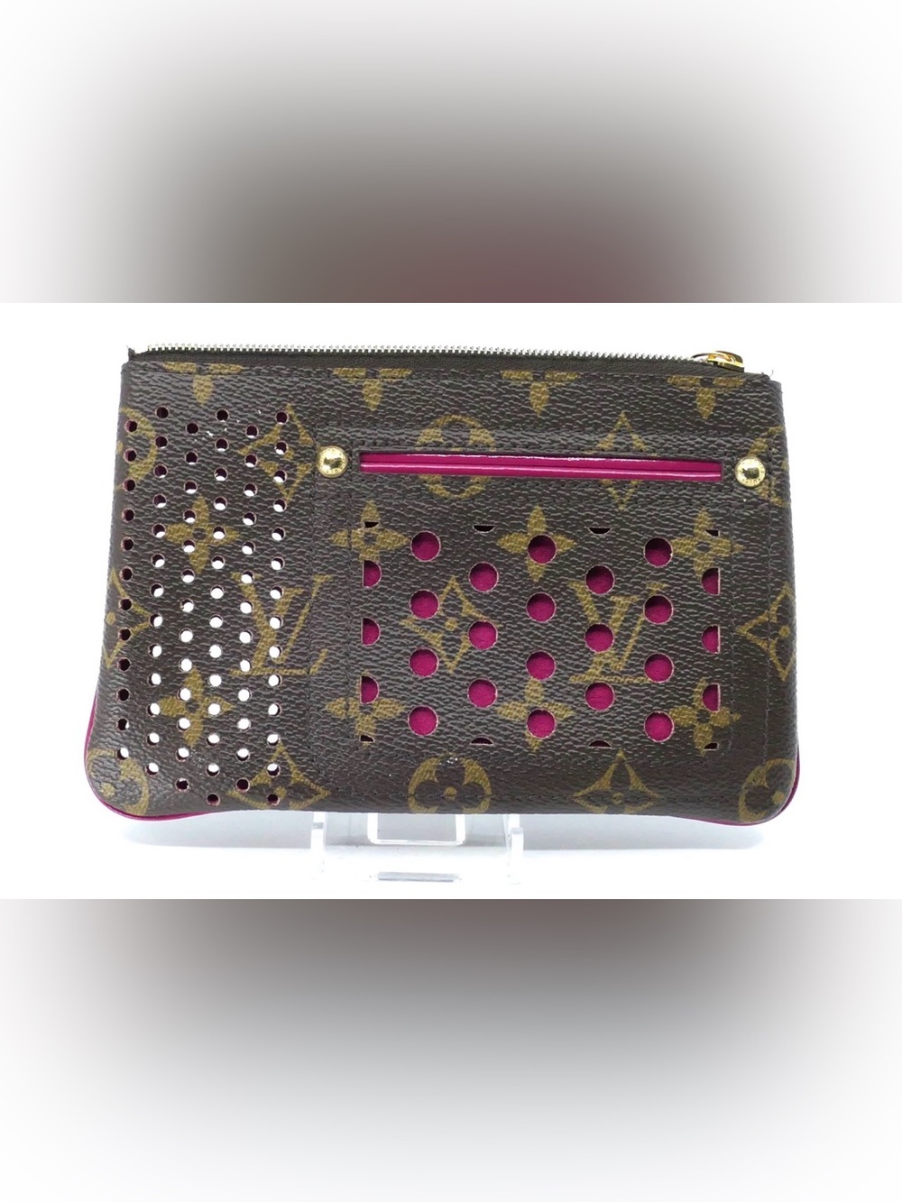 Louis Vuitton Brown Monogram Perforated Clutch with Pink Accents